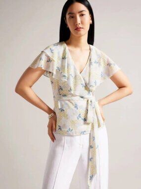 TED BAKER Gemmiaa Floral Wrap Top With Ruffle Sleeves Sky Blue New with tags